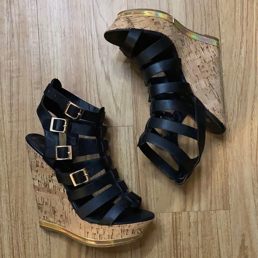Black Strappy Cork Wedge Platform Sandals
